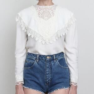 Vintage 80s White Lace Bib Button Back Blouse 4